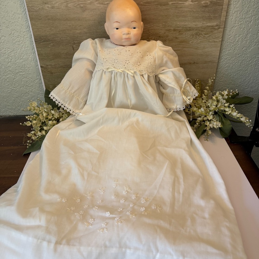 Vintage Porcelain Baby Doll in Handmade White Christening Gown Decor
